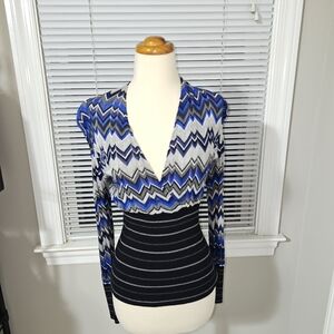 Cache Blue and Black V-Neck Sweater with Chevron Design, S